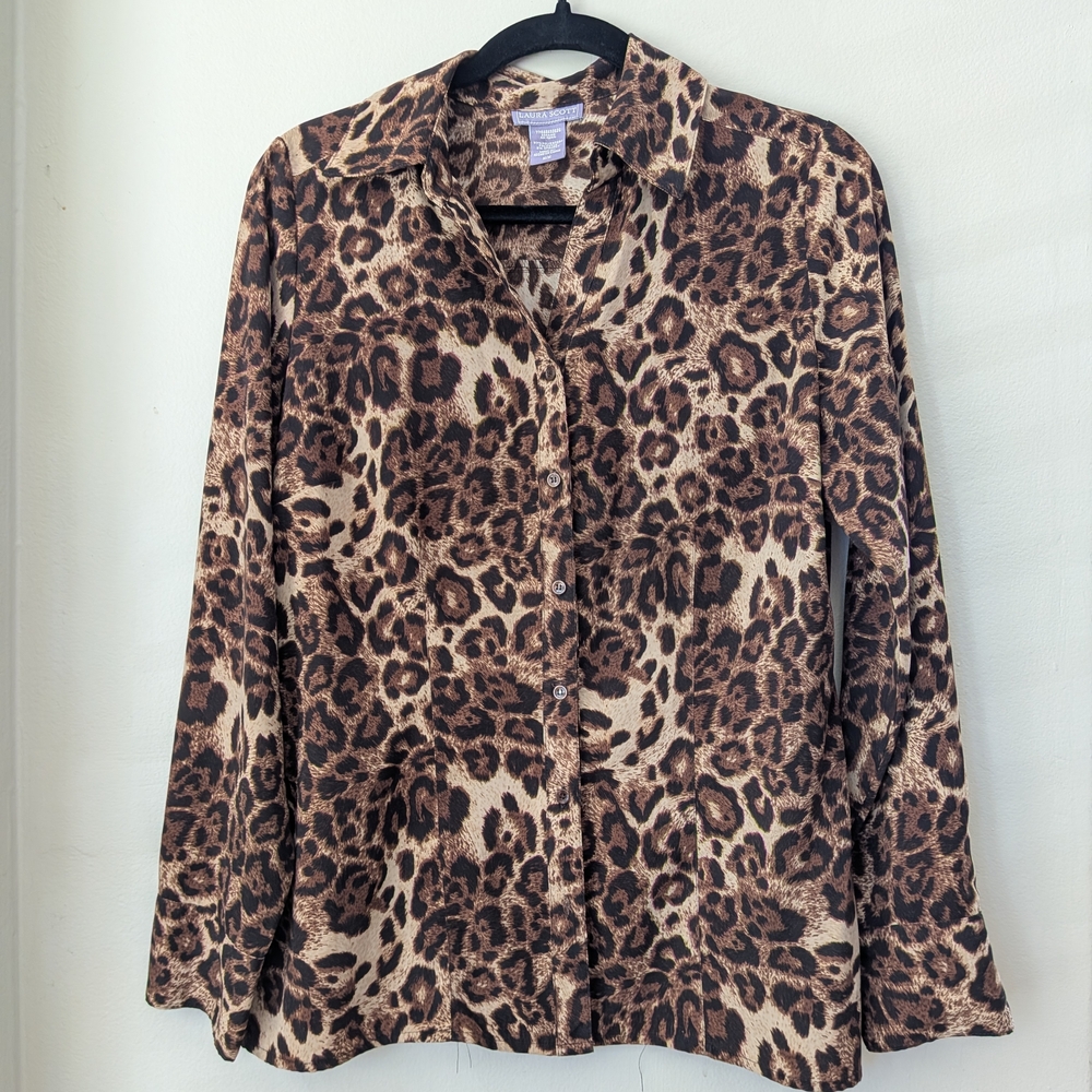 Laura Scott Button Down | Leopard Print Brown Tan… - image 3